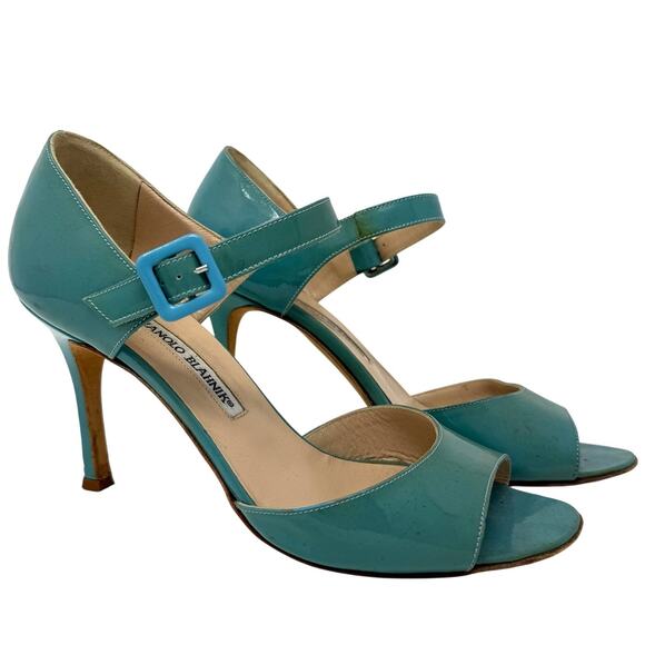 Manolo Blahnik Shoes - Manolo Blahnik Turquoise Blue Patent Leather Peep Toe Mary Jane Heeled Sandal 38